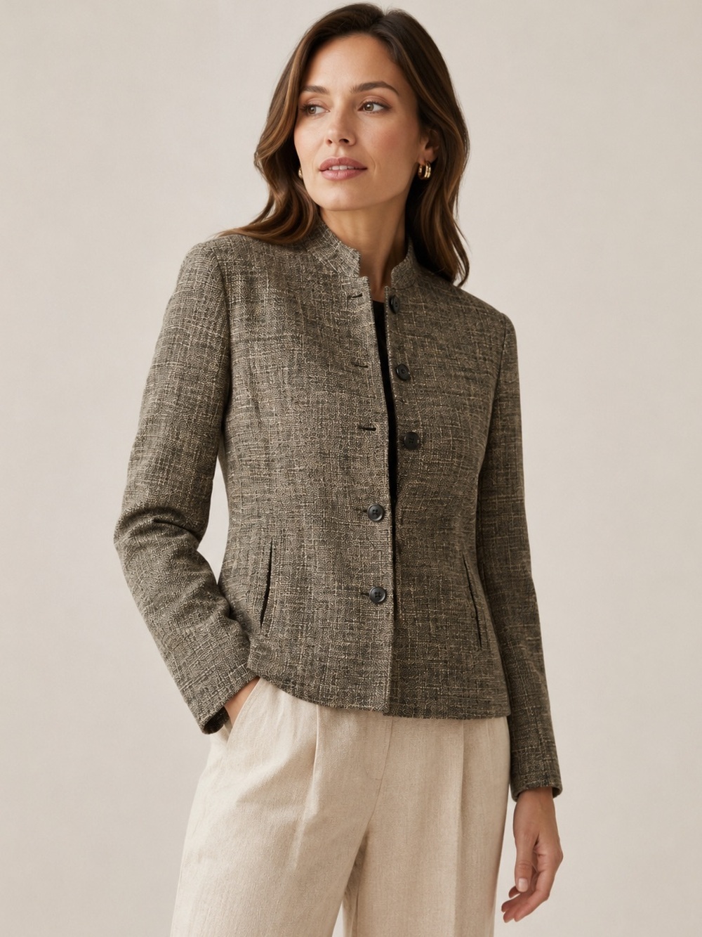 Vintage Jones New York Linen Blend Blazer Jacket Beige Black 8 Mandarin Collar